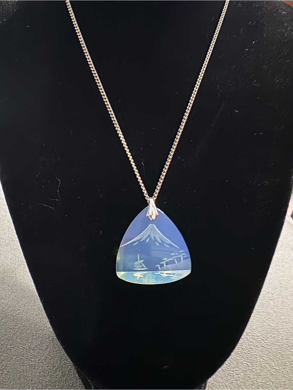 Vintage Japan Blue Intaglio Mountain Opaline Glass Sterling Silver Necklace